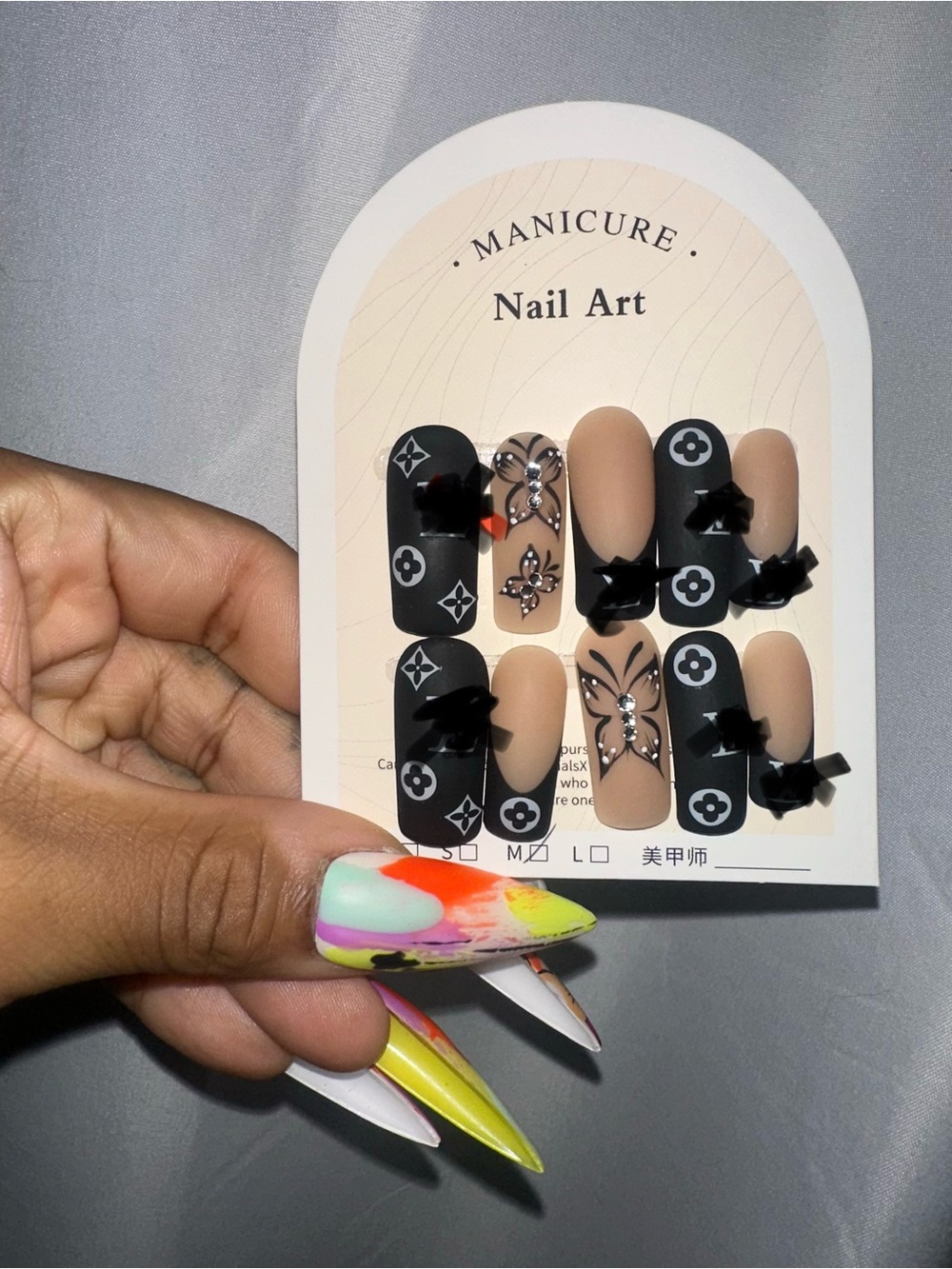 Matte Black & Nude Kids Press-On Nail Set with Floral Accents